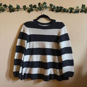 LOFT Women's Knit Crewneck Cotton Striped Black and Cream Flowy Sweater